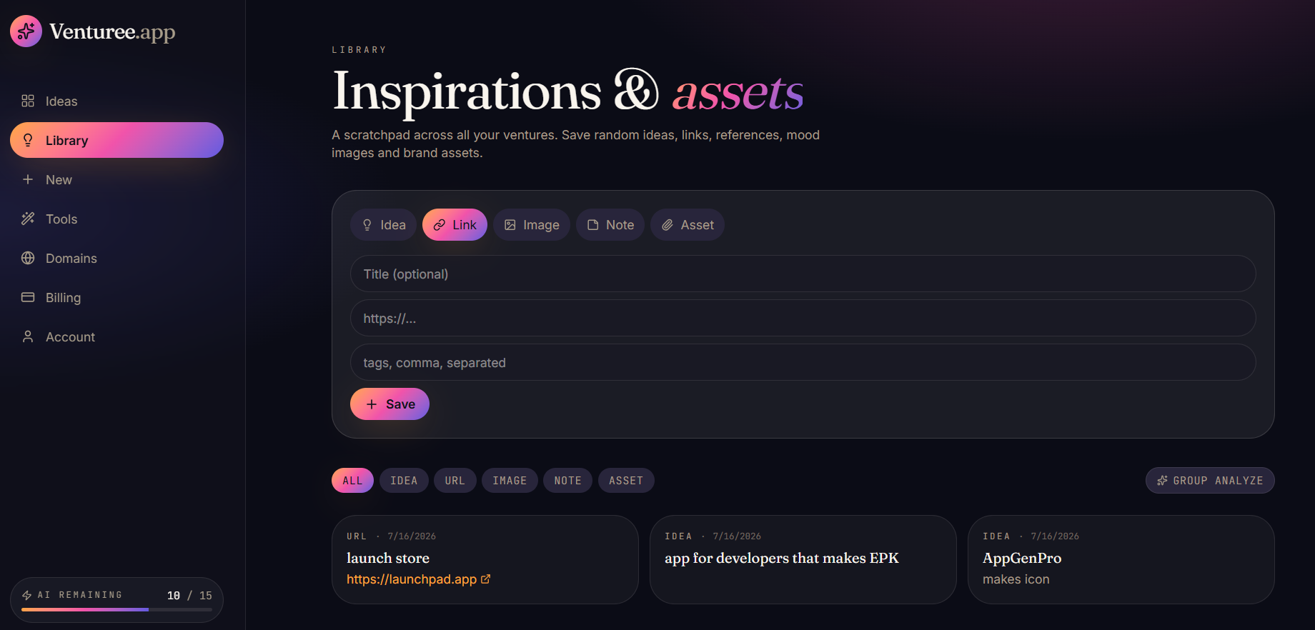 Library of saved inspirations, links, and notes with Group Analyze
