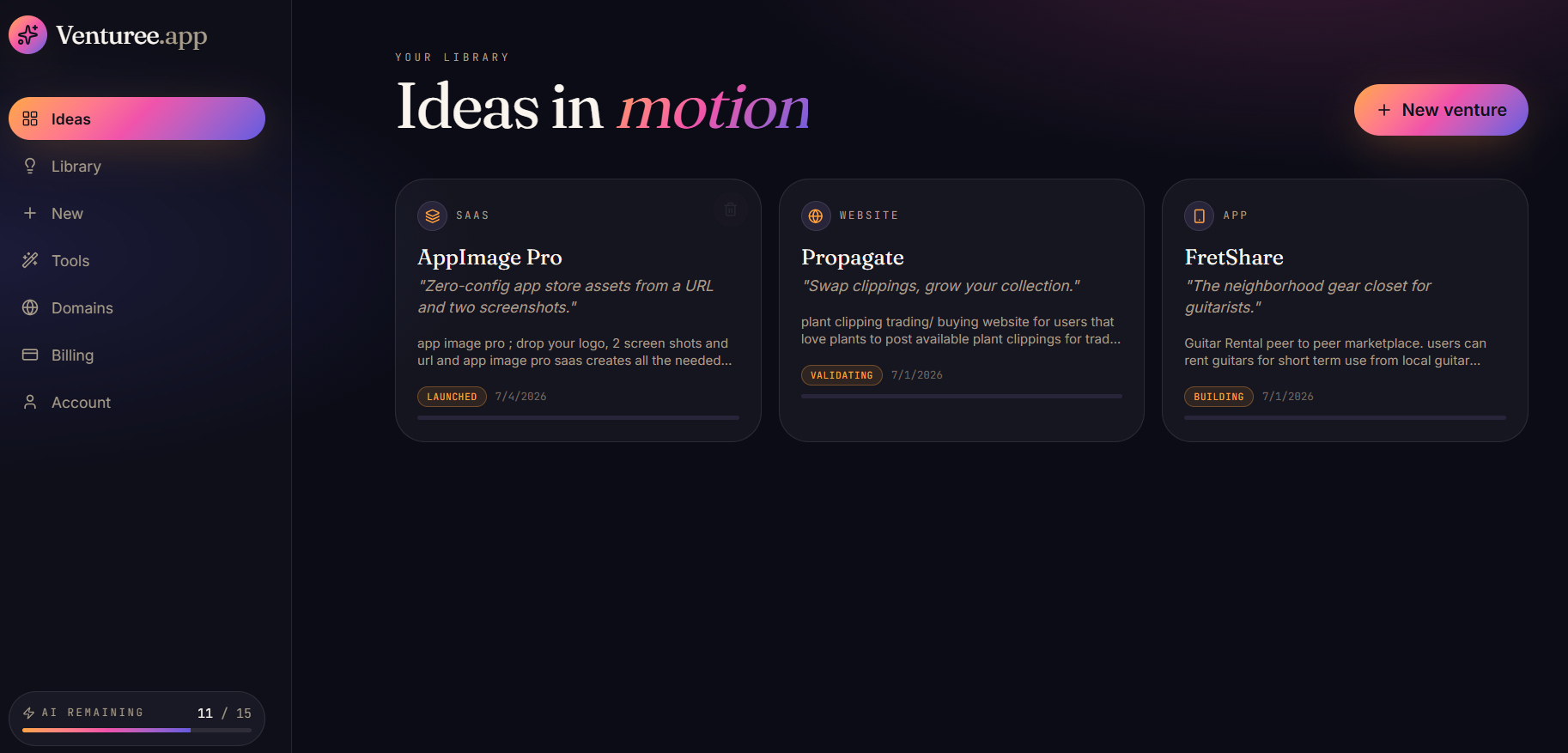 Venturee dashboard showing idea cards and status tracking
