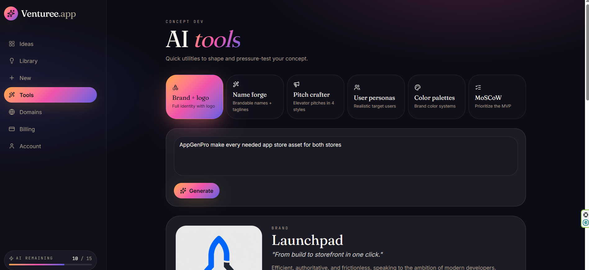 Concept development toolkit with brand, names, pitch, personas, and MoSCoW tools